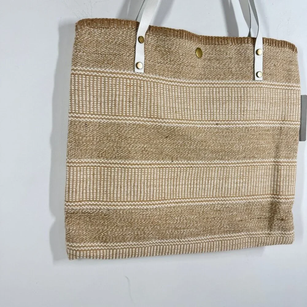 Summer Boho Woven Straw Raffia Bag Stylish Tan and White Tote Bag Stripe Beach - Picture 3 of 15